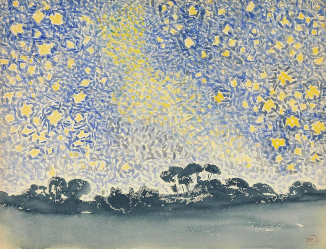 星光照亮夜空与树林的画作